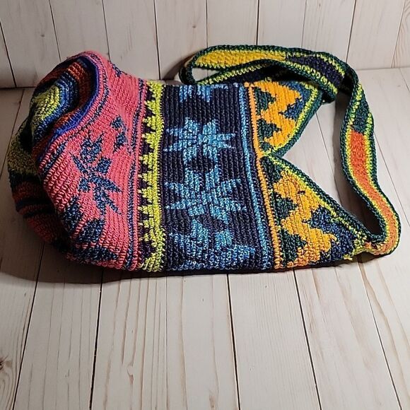 Artisan Crochet Fair Isle Southwestern multi Colored Crossbody Bag Cotton Boho - Picture 4 of 9
